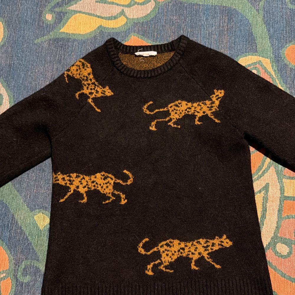THML Black Sweater with Orange Leopard Design